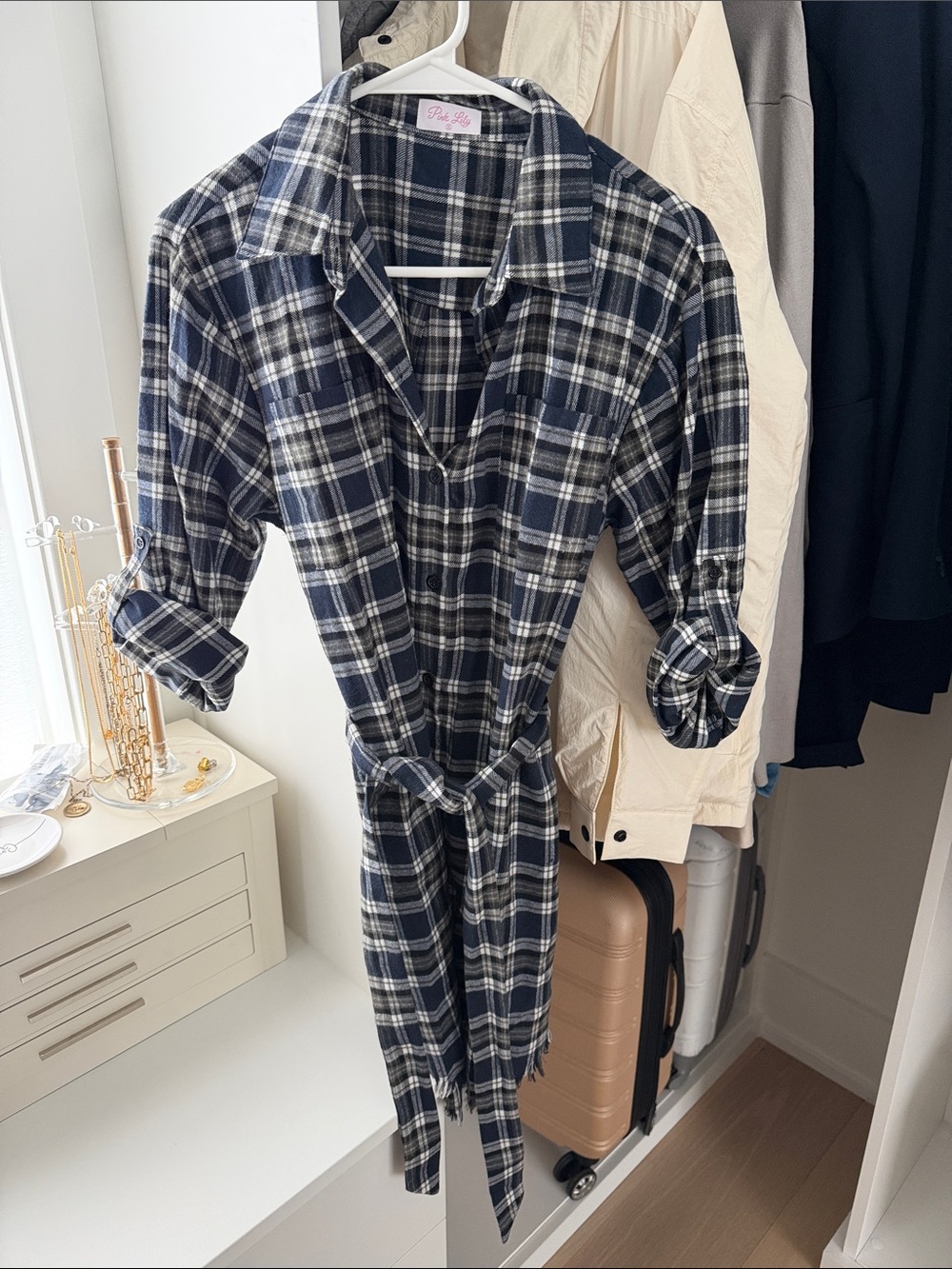 Pink Lily Navy and White Plaid Button-Front Dress with Tie Waist